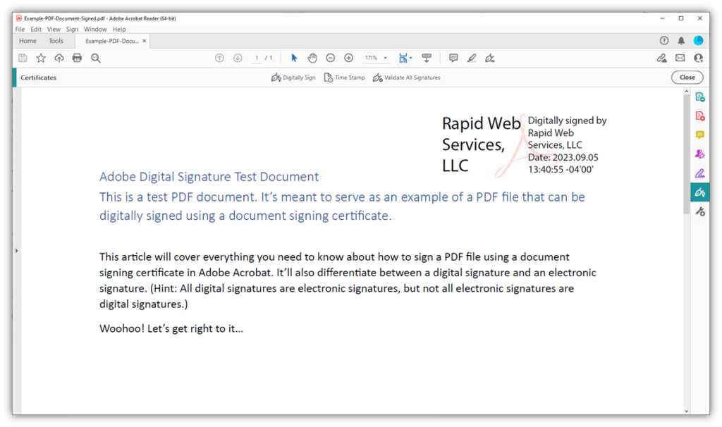 A screenshot example of how the digital signature will display in a PDF