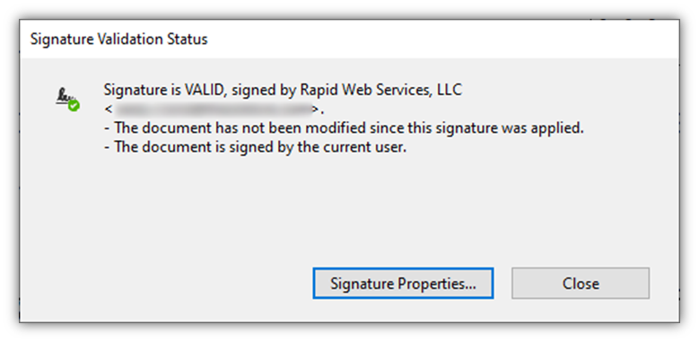 A screenshot of the digital signature's Validation Status