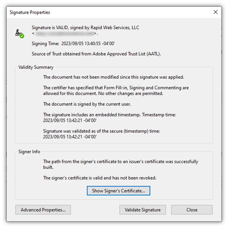 A screenshot that shows the digital signature properties that are made possible by signing a PDF in Adobe Acrobat using a document signing certificate