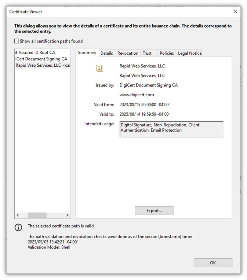 A screenshot that shows the summary info about the document signing certificate itself. 
