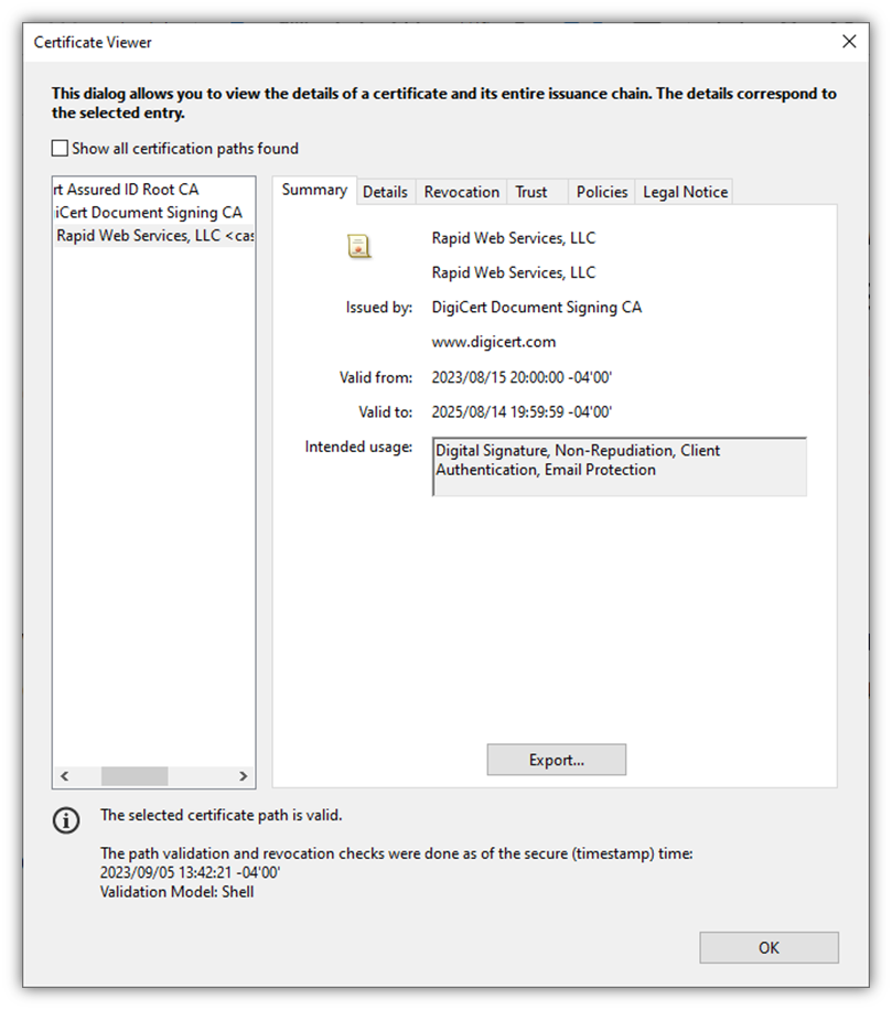 A screenshot that shows the summary info about the document signing certificate itself.