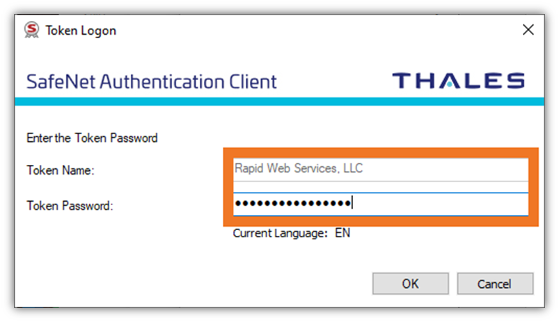 A screenshot of the Token Logon screen where a user is required to enter their secure USB token password as part of the process for how to digitally sign a PDF in Adobe Acrobat. 