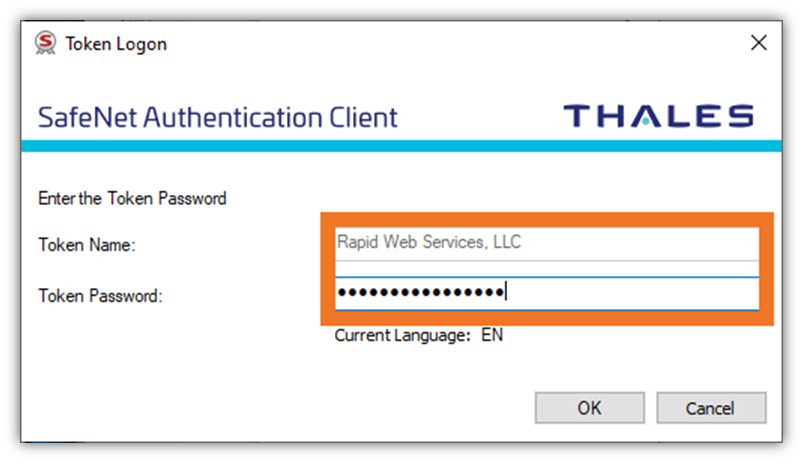 A screenshot of the Token Logon screen where a user is required to enter their secure USB token password as part of the process for how to digitally sign a PDF in Adobe Acrobat.