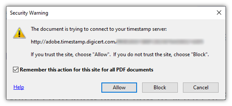 A document signing timestamp server screenshot