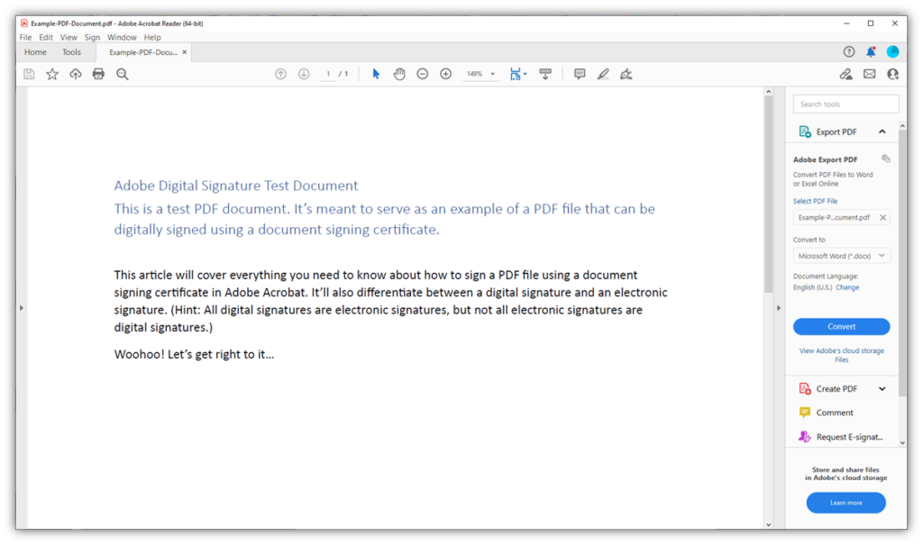 How to digitally sign a PDF graphic: A screenshot of a document that will be signed using a document signing certificate in Adobe Acrobat. 