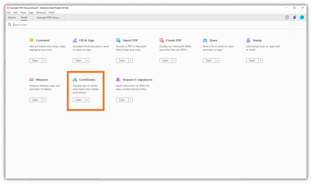 How to digitally sign a PDF graphic: A screenshot of the Certificates tool where you can add a digital signature.