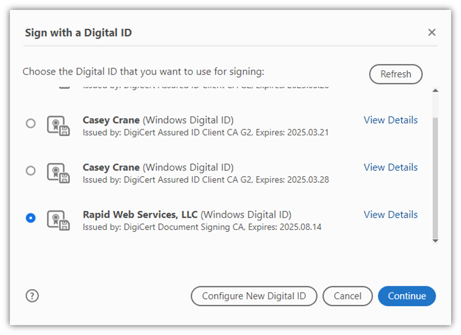 A screenshot of Adobe Acrobat Reader's window where you can select your document signing certificate