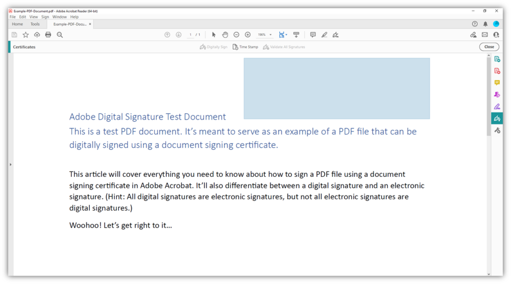 How to digitally sign a PDF graphic: A screenshot illustrating the process of seelcting where to place your digital signature.