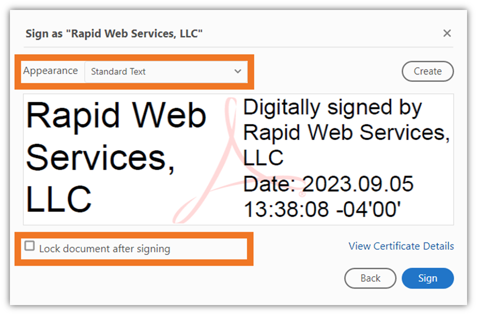 A preview example screenshot of how a digital signature will display, along with options about how to change the appearance of the signature and lock the document. 