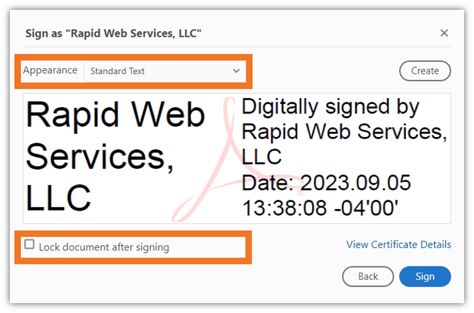 A preview example screenshot of how a digital signature will display, along with options about how to change the appearance of the signature and lock the document.