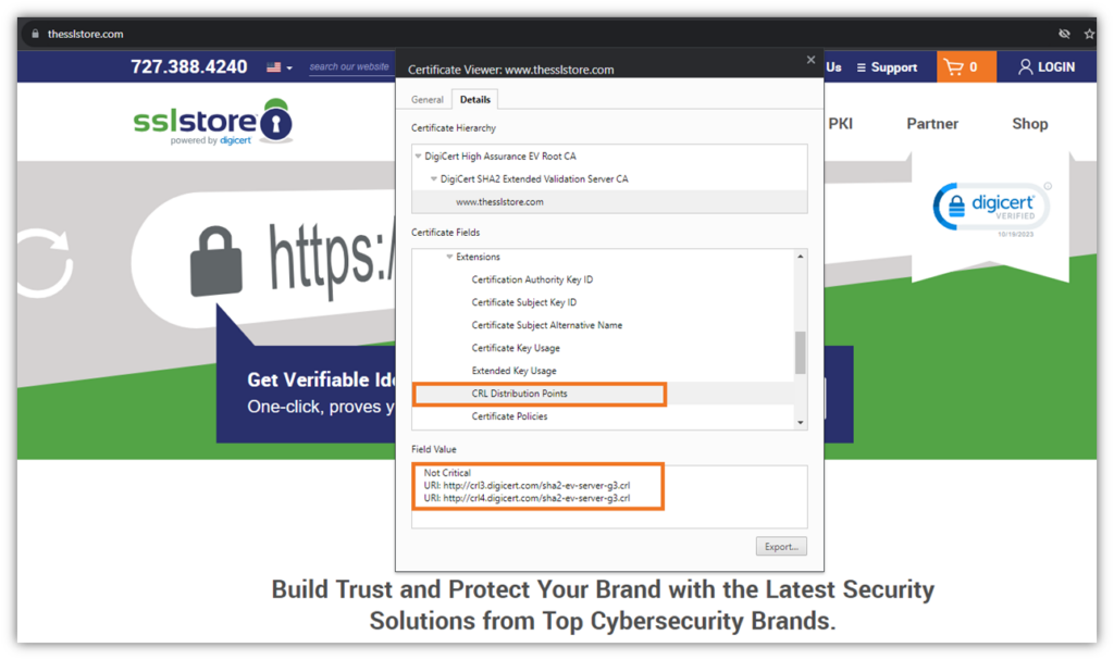 A screenshot that shows the CRL distirbution point (CRLDP) related information contained within some SSL/TLS certificates.