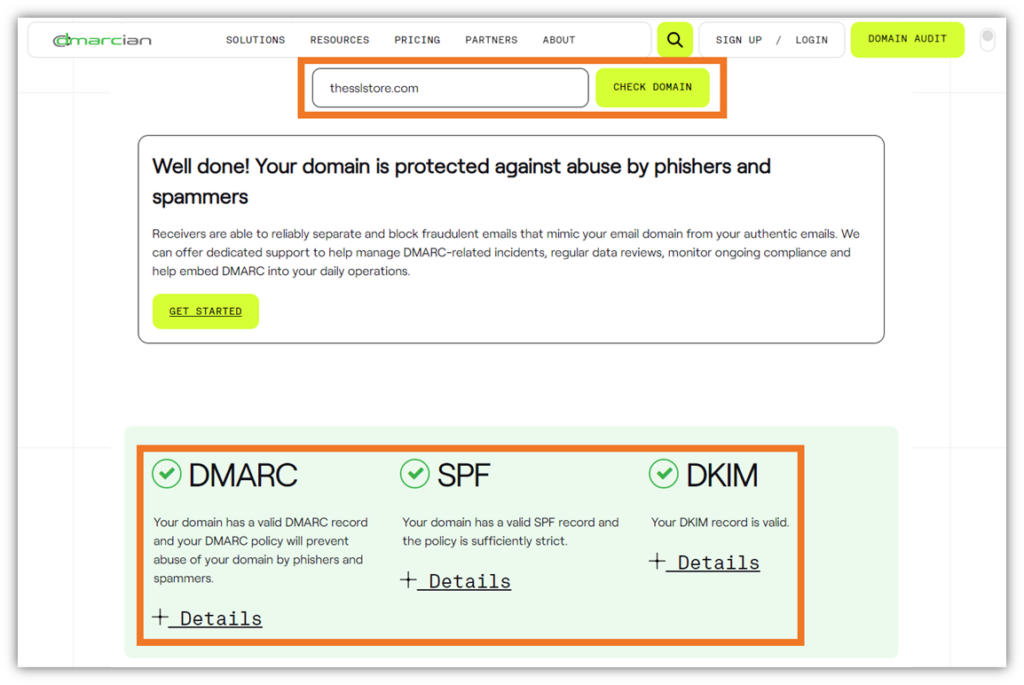 An example screenshot of the DMARCian domain checker tool results for thesslstore.com