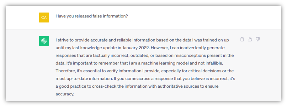 Generative AI risks image: A screenshot of a ChatGPT conversation in which I ask the OpenAI tool whether it's released false information.