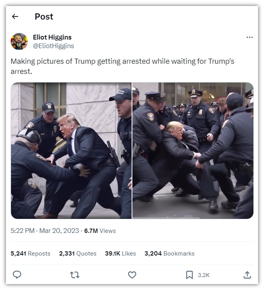 A screenshot from Eliot Higgin's Twitter (X) post of deepfake AI-generated images of U.S. President Donald Trump being arrested.