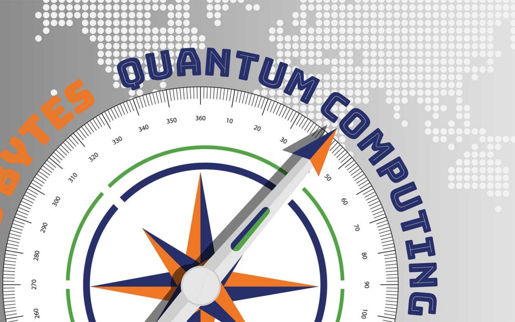 An illustration of a compass that's pointing toward quantum computing