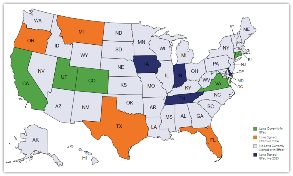 Data privacy laws in the U.S. graphic: This map breaks down the list of U.S. data privacy laws by state, showing which ones are in effect and which ones are not yet effective.