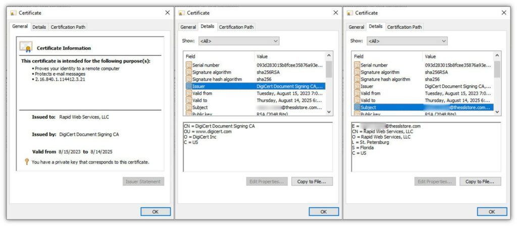 Additional information about the document signing certificate that was used, who issued it (i.e. which publicly trusted CA), and who is was issued to