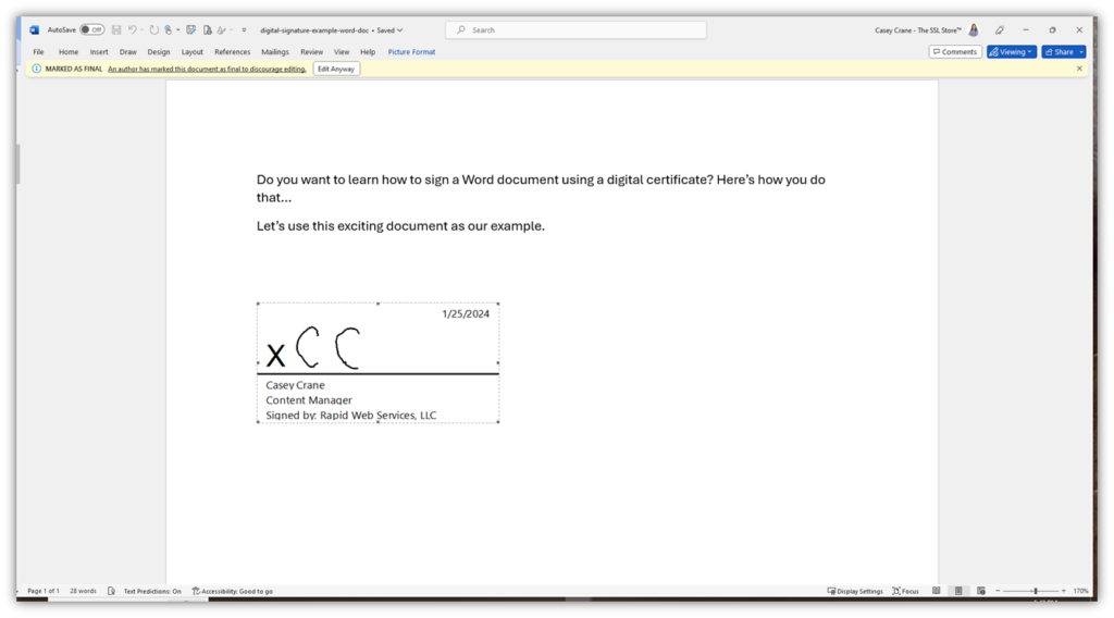 An example screenshot that shows what a Word digital signature looks like.