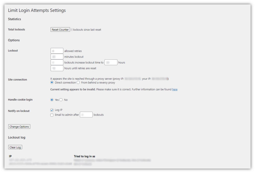 A screenshot that shows the Limit Login Attempts Settings options that are available in WordPress