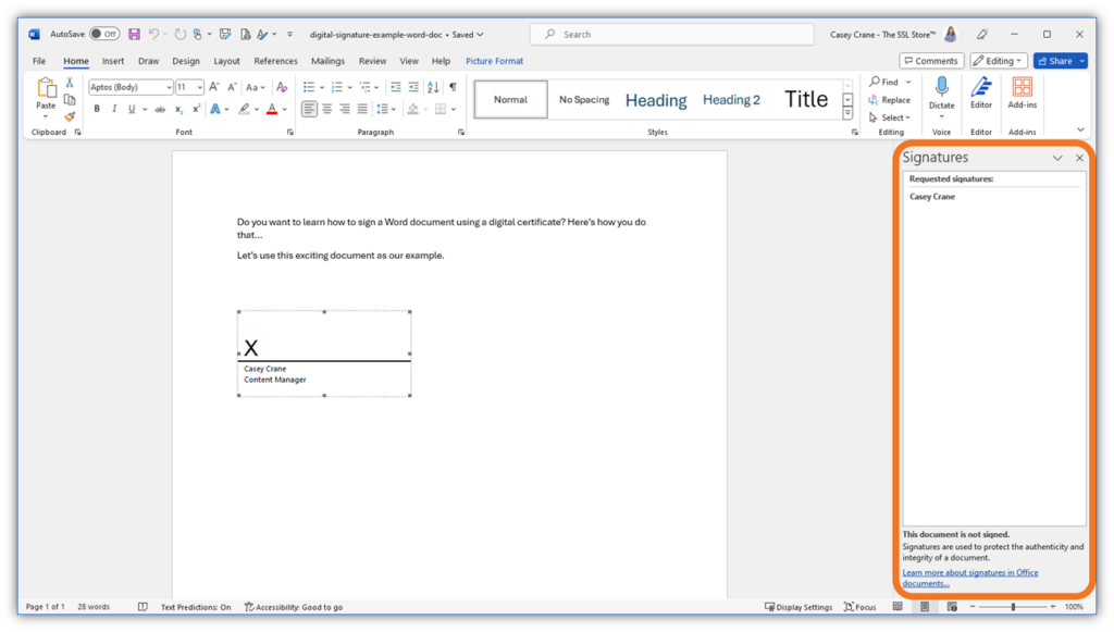 An example of what it looks like when Word is requesitng that a signature be added