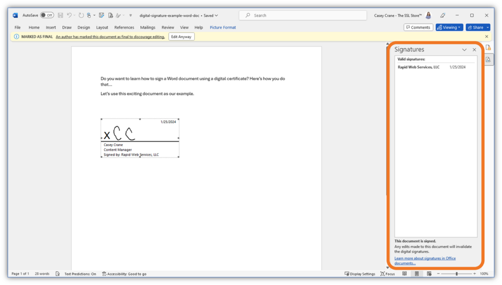 How to sign a Word document graphic: An example screenshot that shows what the signature history looks like in the Signatures tab