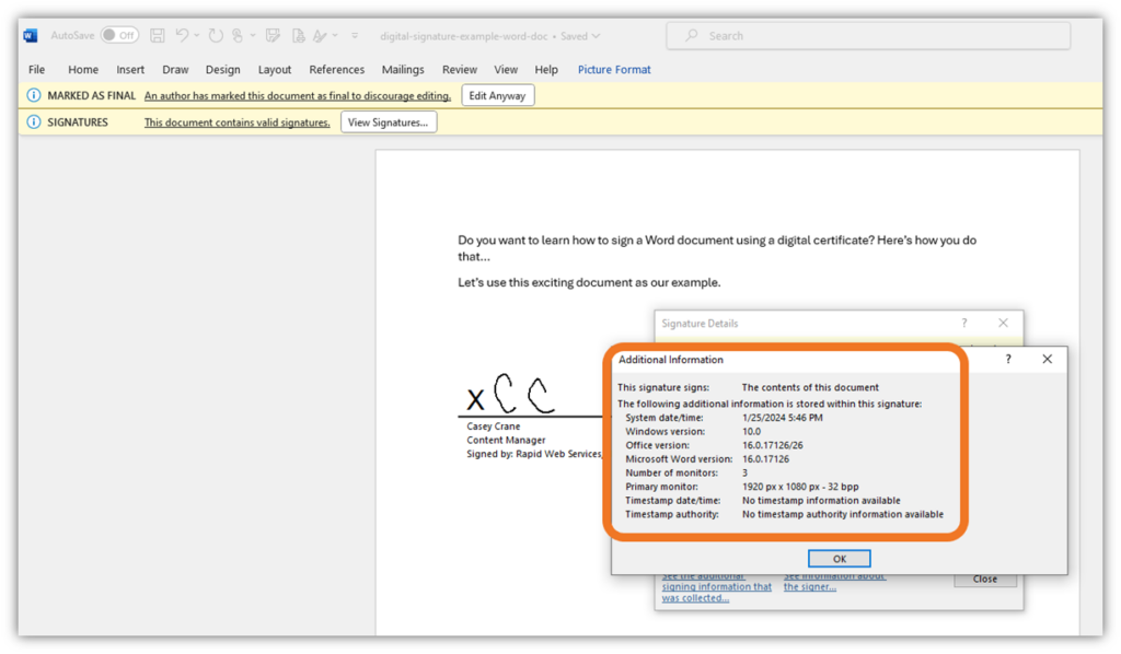 Additional technical data about the user who signed the document