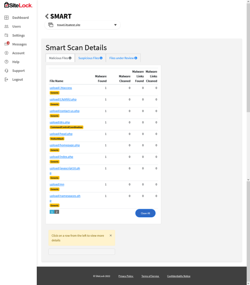 SiteLock Smart Scan Results example screenshot