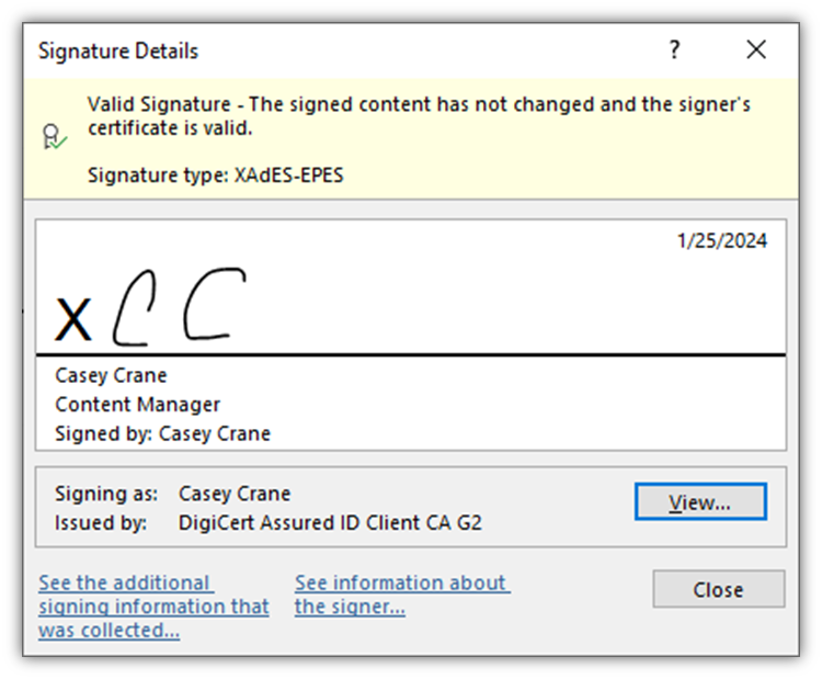 Additional information about the example digital signature