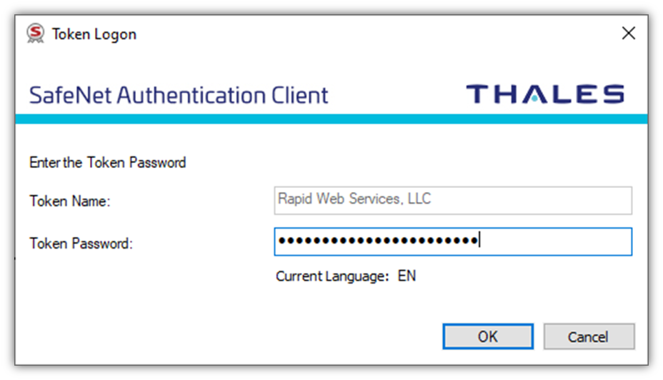 A screenshot of the SafeNet Authentication Client authentication prompt screen