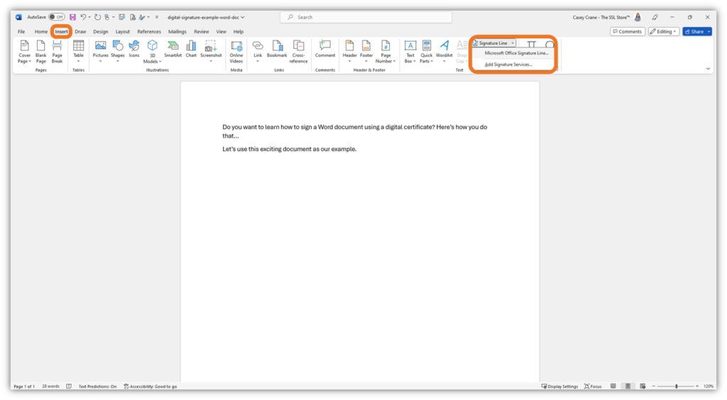 A screenshot showing where to find the Microsoft Office Signature Line feature in Word