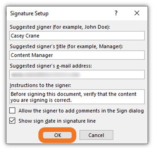 An example of how to complete the Signature Setup step