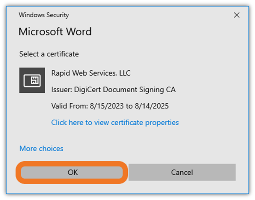 How to sign a Word document graphic: Hit enter to continue if the correct certificate is selected