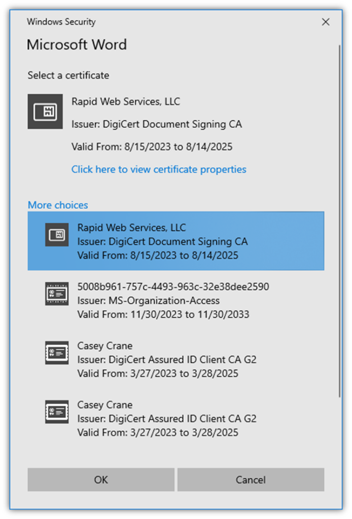 Digital signature in Word: this screenshot shows the display of certificates and the one that's been selected for use in this case