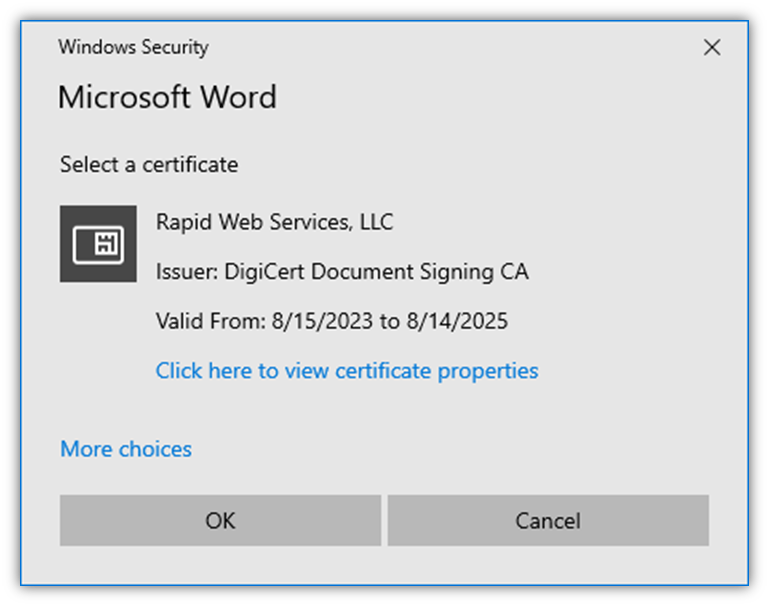 A screenshot of the auto-selected document signing certificate 