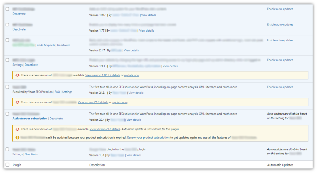 How do I make my website secure graphic: A screenshot of redacted plugins that show some what up-to-date and out-of-date plugins look likein WordPress