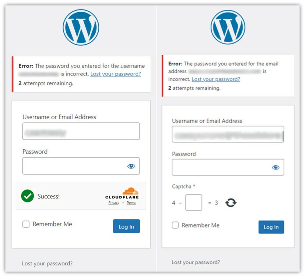 Two examples of WordPress security mechanisms -- a Cloudflare turnstile on the left and a traditional mathematical CAPTCHA on the right