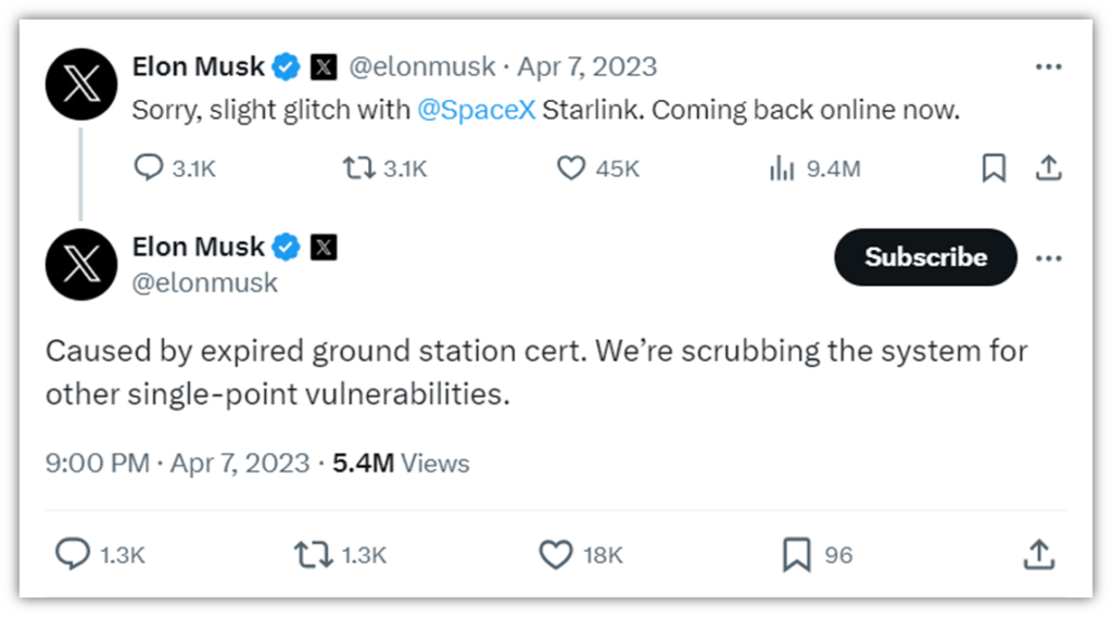 A screenshot from Elon Musk's X post regarding the expired digital certificate that caused a Starlink service outage.