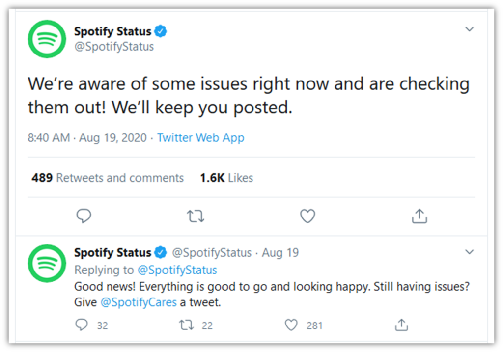 A screenshot from Spotify's then-Twitter (now X) post regarding the expired SSL/TLS certificate that caused a Spotify service outage.