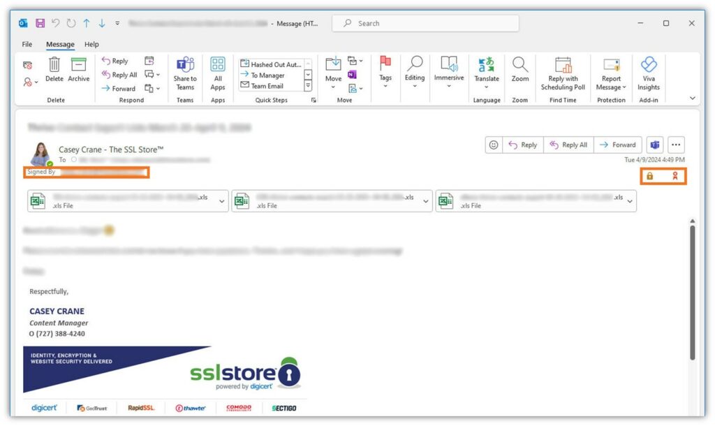 A screenshot showing the padlock and ribbon icons, which indicate that an email is encrypted (padlock) and digitally signed (ribbon)