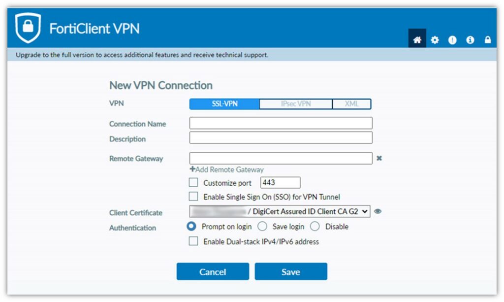 A screenshot of a VPN client's certificate-based authentication option
