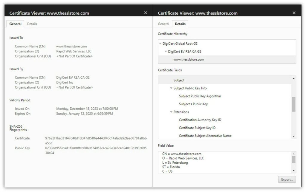 A screenshot of the SSL/TLS certificate information for The SSL Store's website.