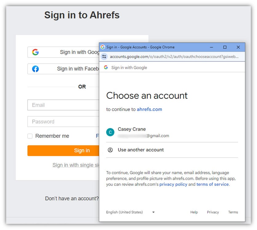 An example screenshot of a legitimate login screen that allows a user to log in to Ahrefs using Google or Facebook as alternatives to creating a site-specific pair of credentials.