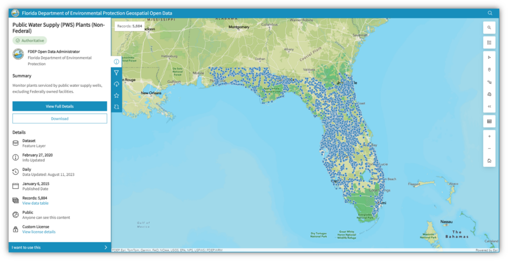 A screenshot from Florida's Department of Environmental Protection Geospatial Open Data tool, which maps out locations of non-federal public water supply plants