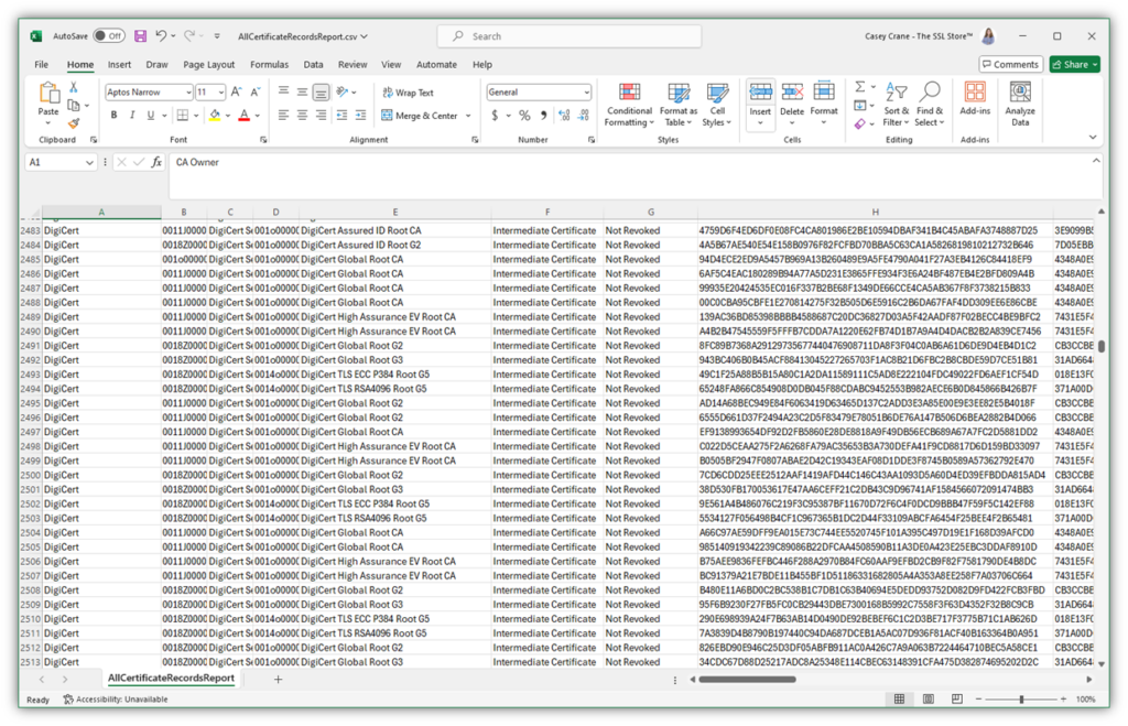 A screenshot of a list of intermediate CA certificates that are included in the Common CA Database (CCADB).