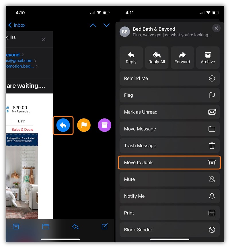 A two-step screenshot showing how to move an email to the Junk folder in Apple Mail's iOS app