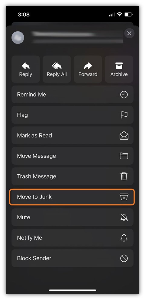 Showing how to report a phishing email by selecting "move to junk" in the Apple Mail iOS app