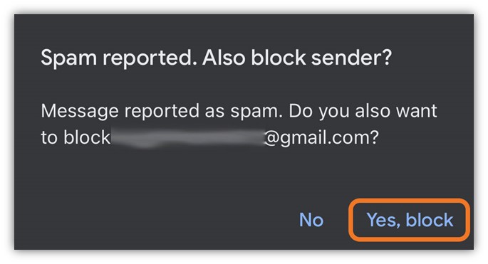 Confirmation screen for reporting a spam message in the Gmail iOS app