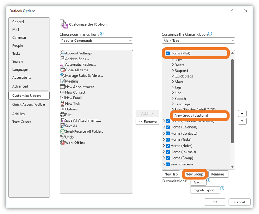 Outlook's options for customizing the ribbon by adding a new group