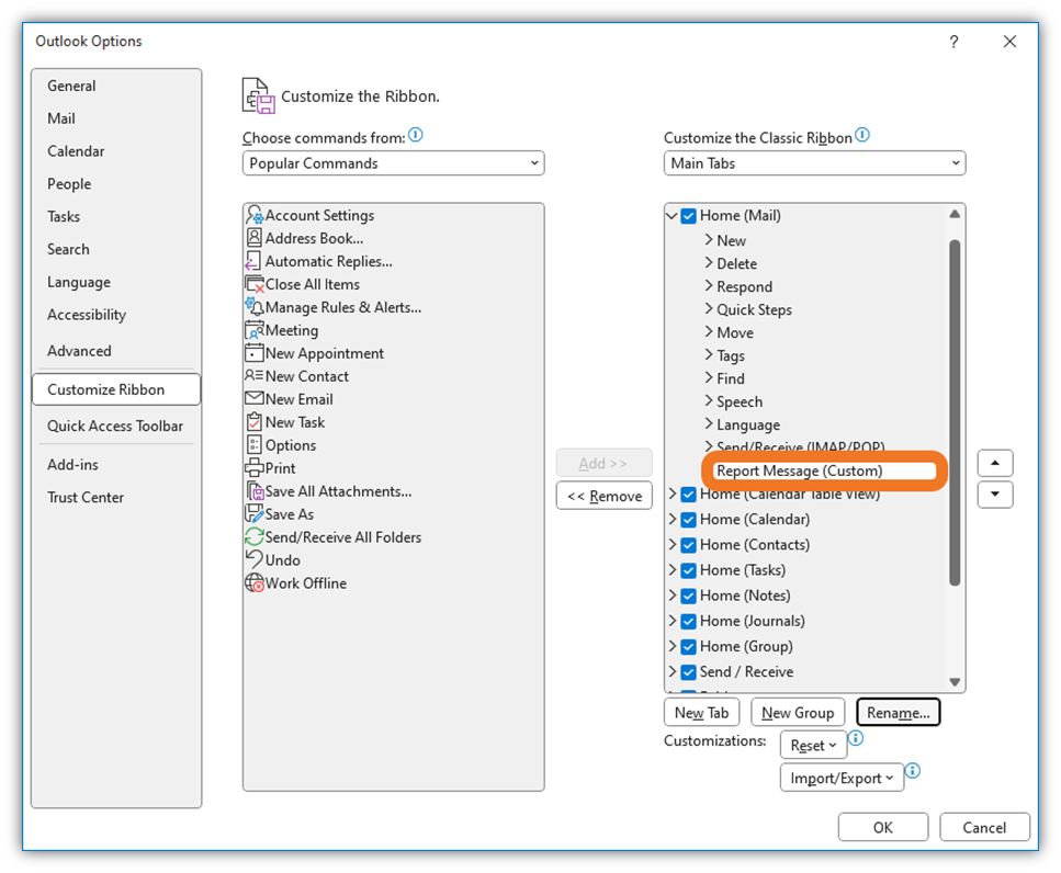 Outlook's options for customizing the ribbon by adding a new group