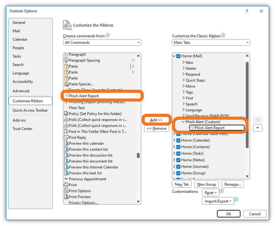 Showing how to add KnowBe4's Phish Alert Report button